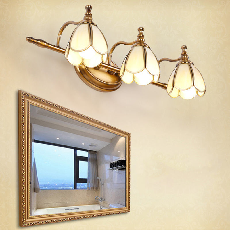Skørter | Vintage Curved Wall Lamp Opal Glass Vanity Light Fixture in Brass for Bathroom