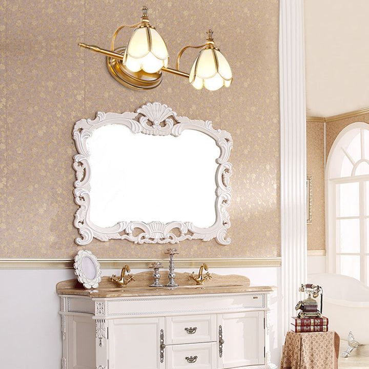 Skørter | Vintage Curved Wall Lamp Opal Glass Vanity Light Fixture in Brass for Bathroom