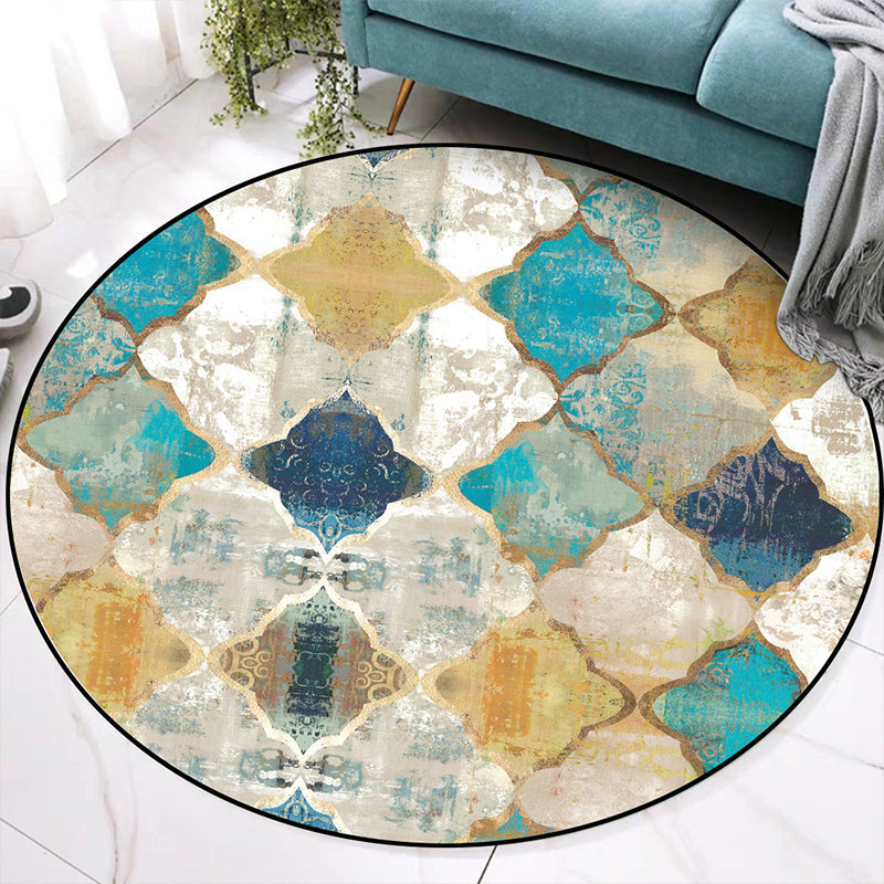Lisslune | Worn Blue-Yellow Moroccan Carpet Polypropylene Quadrifolium Pattern Carpet Non-Slip Backing Pet Friendly Stain Resistant Carpet for Room