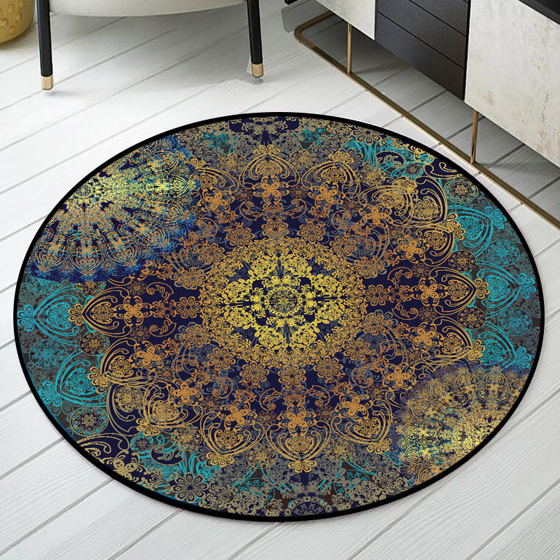 Lisslune | Weathered Floral Pattern Rug Weathered Blue-Yellow Moroccan Rug Polyester Washable Non-Slip Floor Stain Resistant Rug for Home