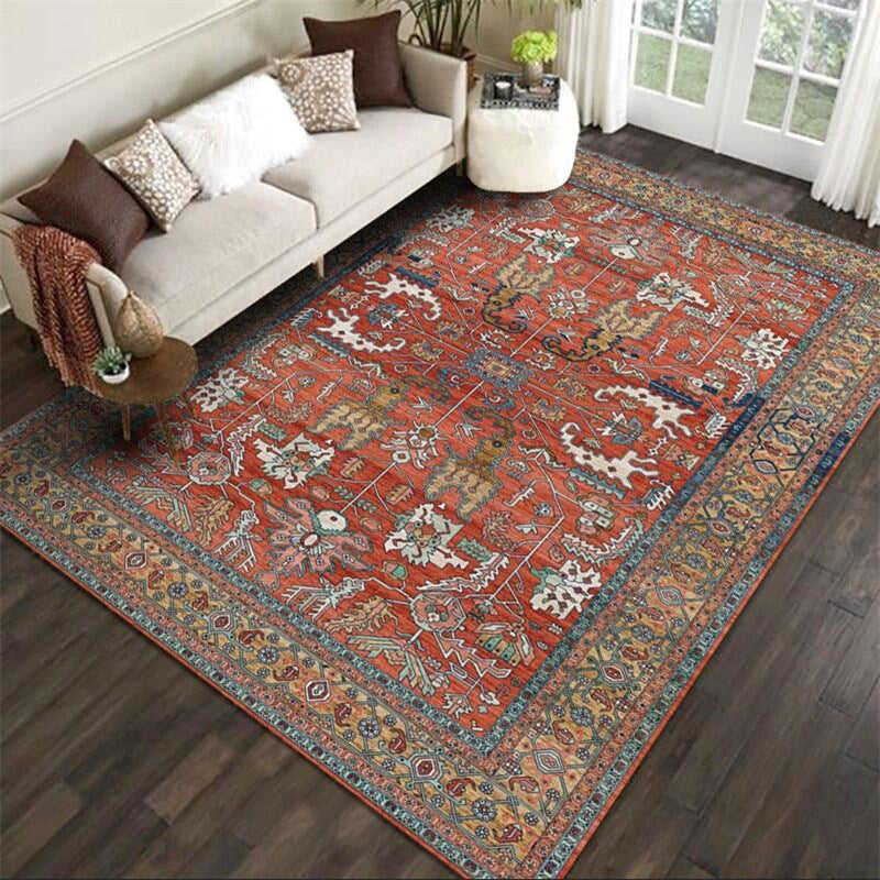 Lisslune | Red Persian Style Carpet Synthetic Geometric Area Rug Washable Non-Slip Backing Stain Resistant Carpet for Room