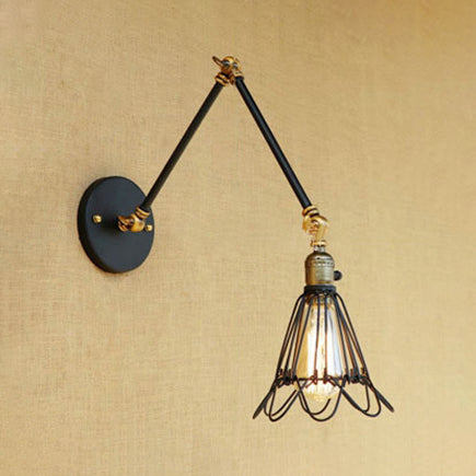 Skørter | Cast Iron Wire Cage Wall Mounted Light Farmhouse 1 Head Restaurant Arm Adjustable Wall Lamp in Bronze/Brass