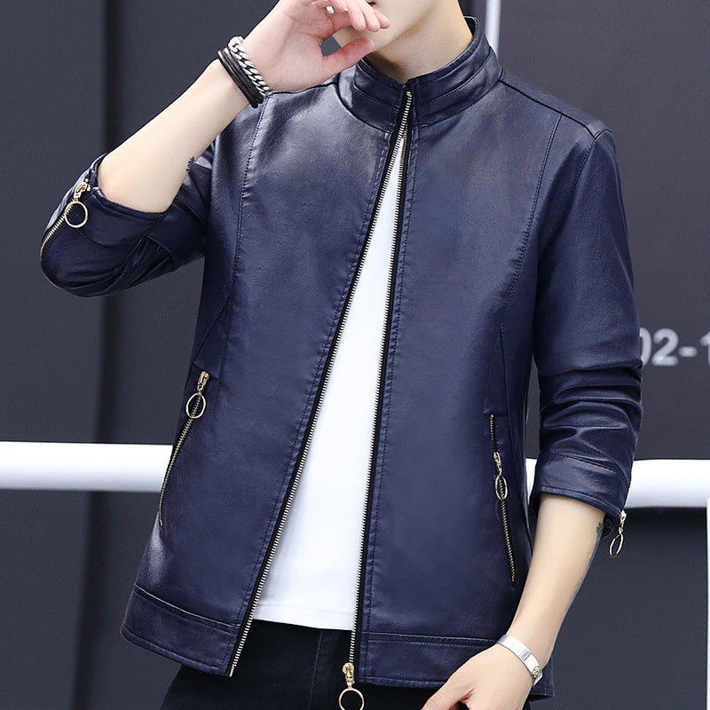 Men's Elegant Synthetic Leather Jacket with Asymmetrical Zipper and Side Pockets Lisslune