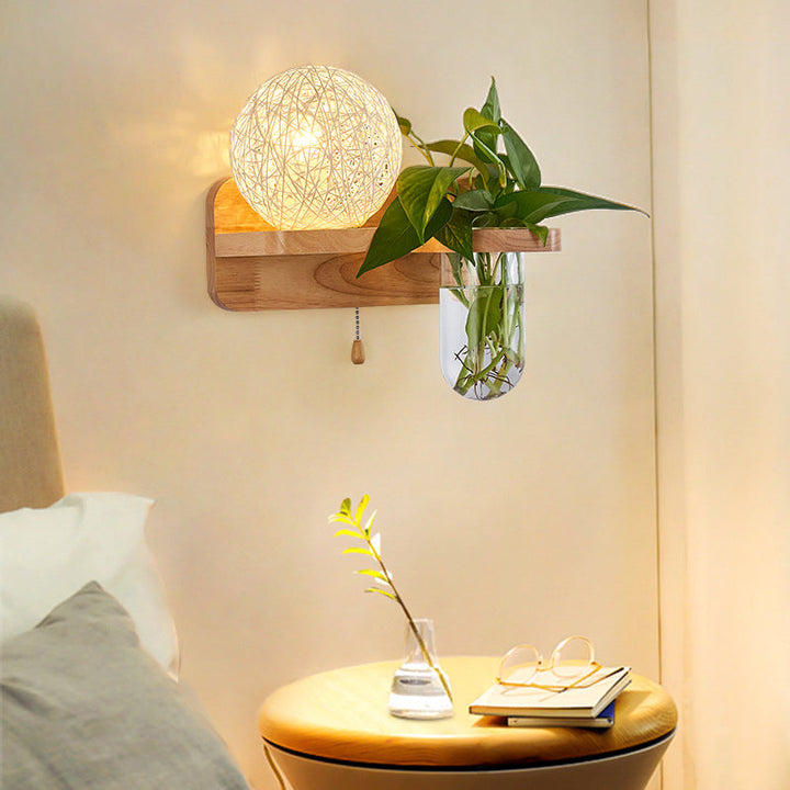 Lisslune | Ball-shaped Nightstand Lamp Rattan 1-Light Modern Wall Lamp with Pull Switch in Wood