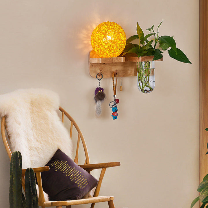 Lisslune | Ball-shaped Nightstand Lamp Rattan 1-Light Modern Wall Lamp with Pull Switch in Wood