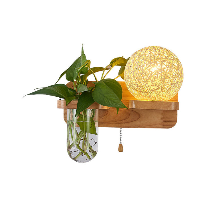 Lisslune | Ball-shaped Nightstand Lamp Rattan 1-Light Modern Wall Lamp with Pull Switch in Wood