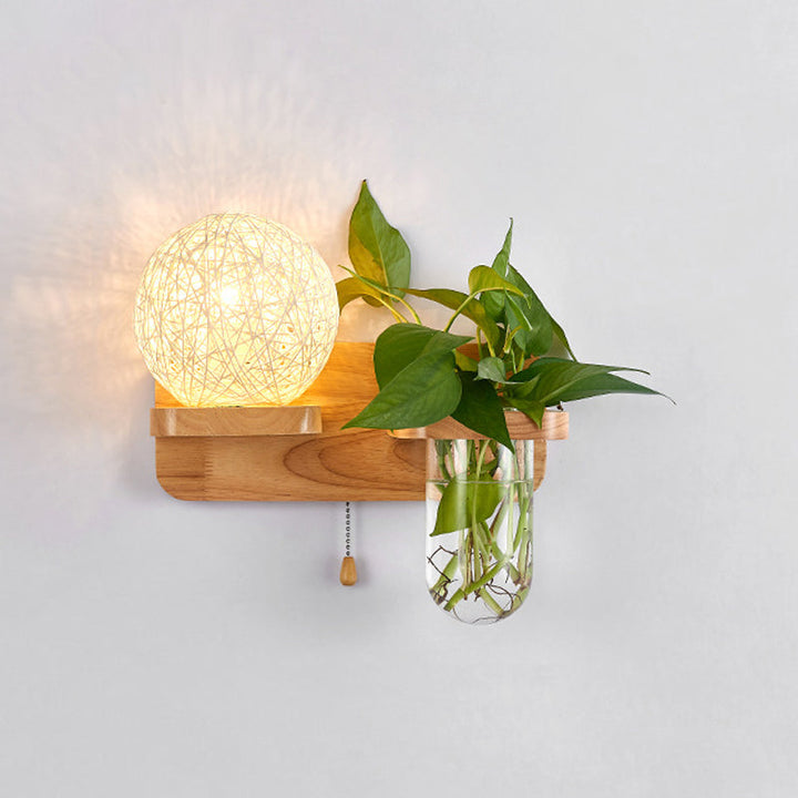 Lisslune | Ball-shaped Nightstand Lamp Rattan 1-Light Modern Wall Lamp with Pull Switch in Wood