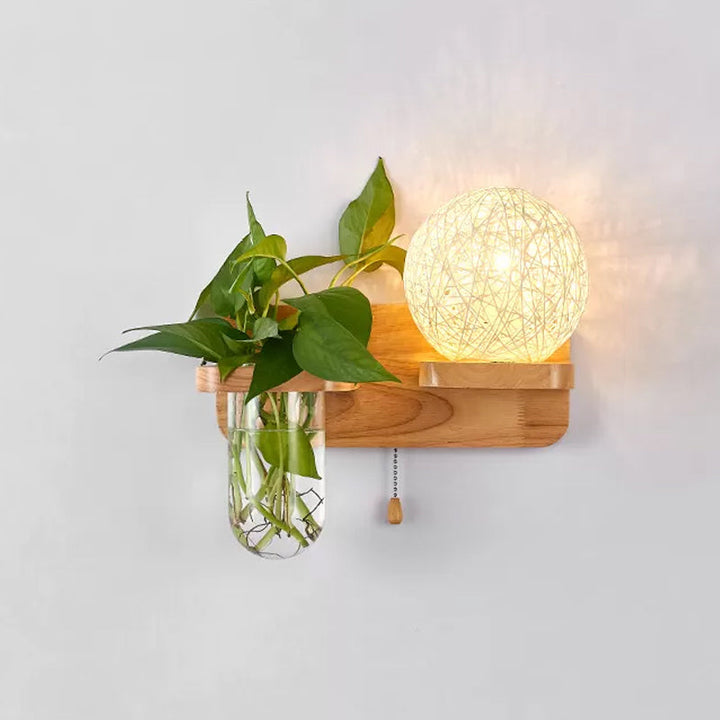 Lisslune | Ball-shaped Nightstand Lamp Rattan 1-Light Modern Wall Lamp with Pull Switch in Wood