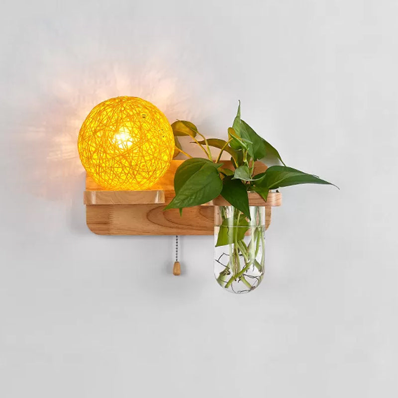Lisslune | Ball-shaped Nightstand Lamp Rattan 1-Light Modern Wall Lamp with Pull Switch in Wood