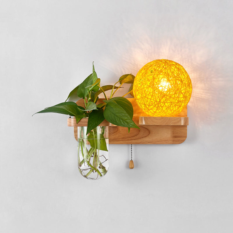 Lisslune | Ball-shaped Nightstand Lamp Rattan 1-Light Modern Wall Lamp with Pull Switch in Wood