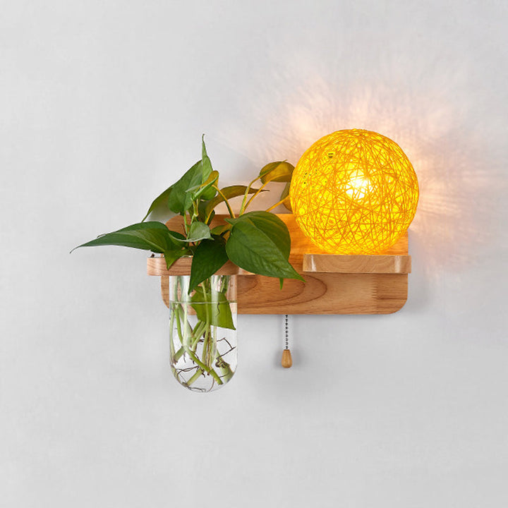 Lisslune | Ball-shaped Nightstand Lamp Rattan 1-Light Modern Wall Lamp with Pull Switch in Wood