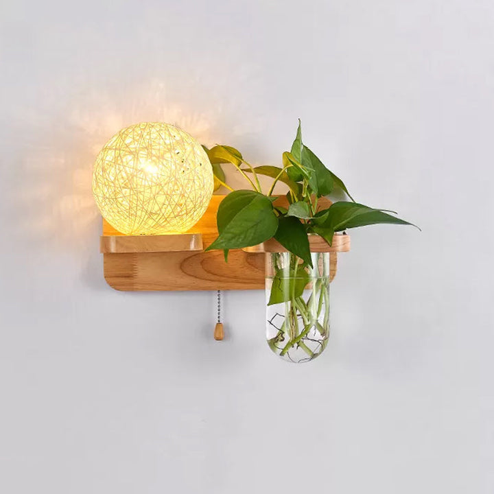 Lisslune | Ball-shaped Nightstand Lamp Rattan 1-Light Modern Wall Lamp with Pull Switch in Wood