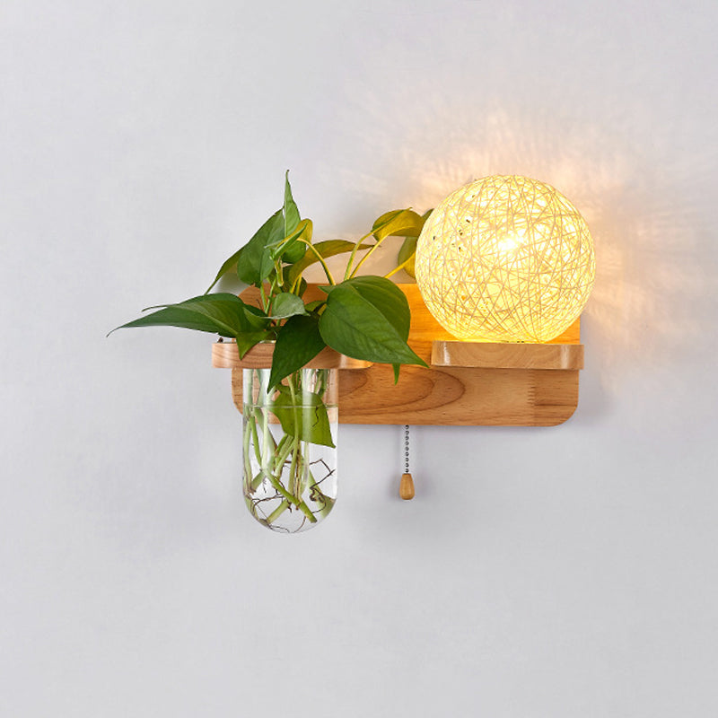 Lisslune | Ball-shaped Nightstand Lamp Rattan 1-Light Modern Wall Lamp with Pull Switch in Wood