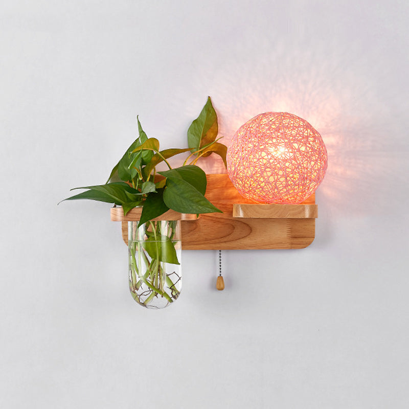 Lisslune | Ball-shaped Nightstand Lamp Rattan 1-Light Modern Wall Lamp with Pull Switch in Wood