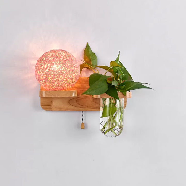 Lisslune | Ball-shaped Nightstand Lamp Rattan 1-Light Modern Wall Lamp with Pull Switch in Wood
