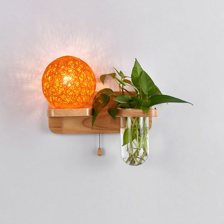 Lisslune | Ball-shaped Nightstand Lamp Rattan 1-Light Modern Wall Lamp with Pull Switch in Wood