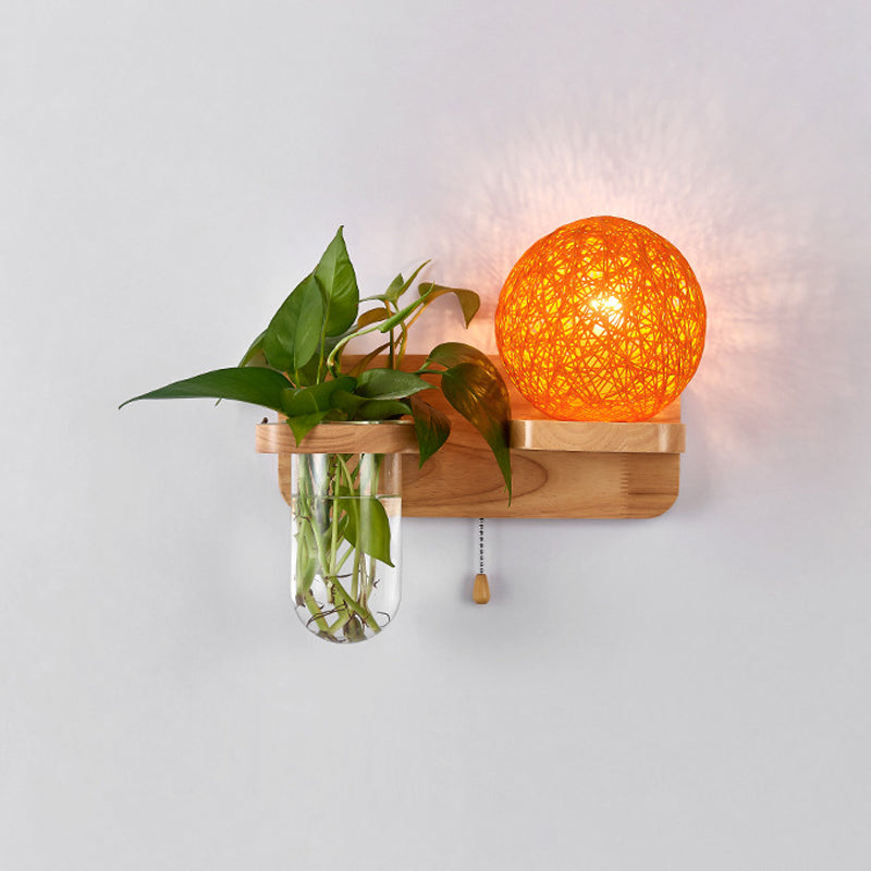Lisslune | Ball-shaped Nightstand Lamp Rattan 1-Light Modern Wall Lamp with Pull Switch in Wood