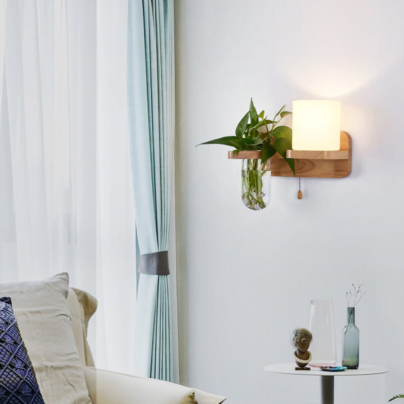 Lisslune | Geometric Pull Chain Wall Light Simplicity White Glass Single Hall Wall Mounted Lamp in Wood