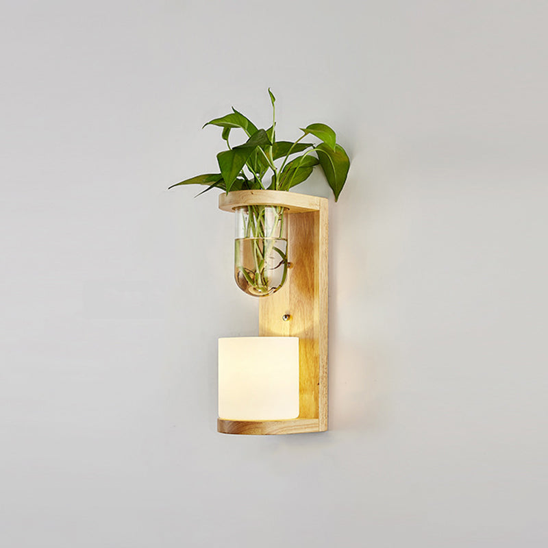 Lisslune | White Glass Geometric Wall Lighting Modern 1 Head Wood Wall Lamp for Nightstand