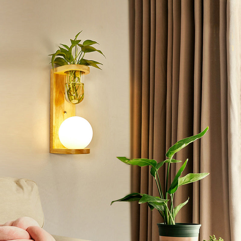 Lisslune | White Glass Geometric Wall Lighting Modern 1 Head Wood Wall Lamp for Nightstand