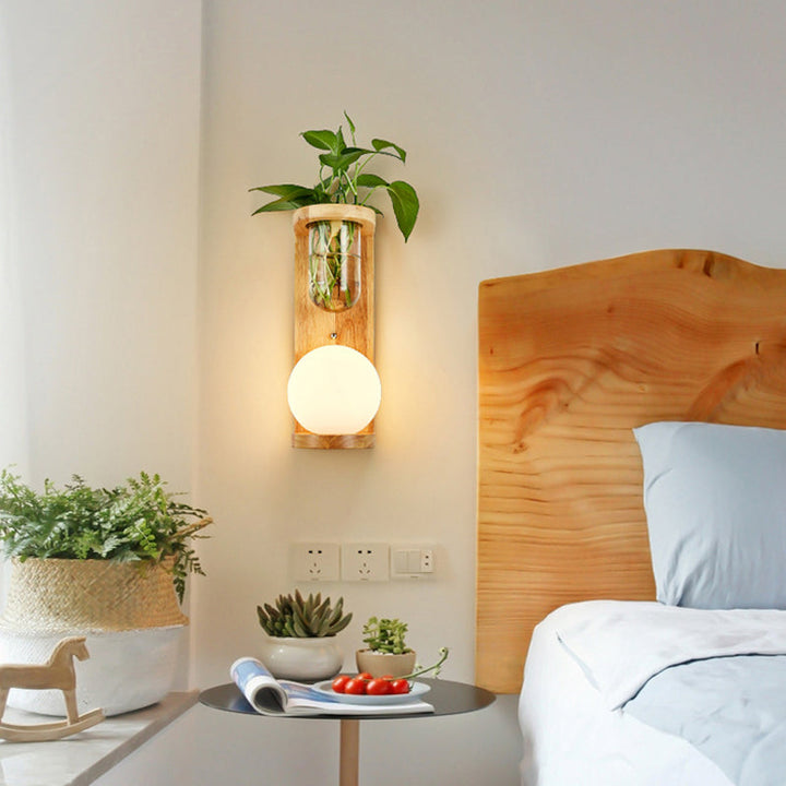 Lisslune | White Glass Geometric Wall Lighting Modern 1 Head Wood Wall Lamp for Nightstand