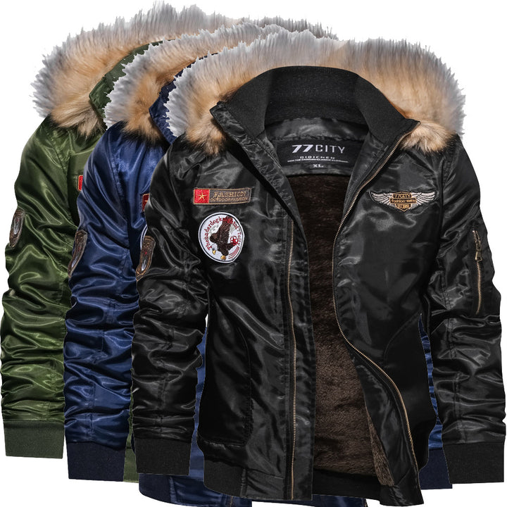 Men's Fashion Bomber Jacket with Removable Synthetic Fur Collar Lisslune