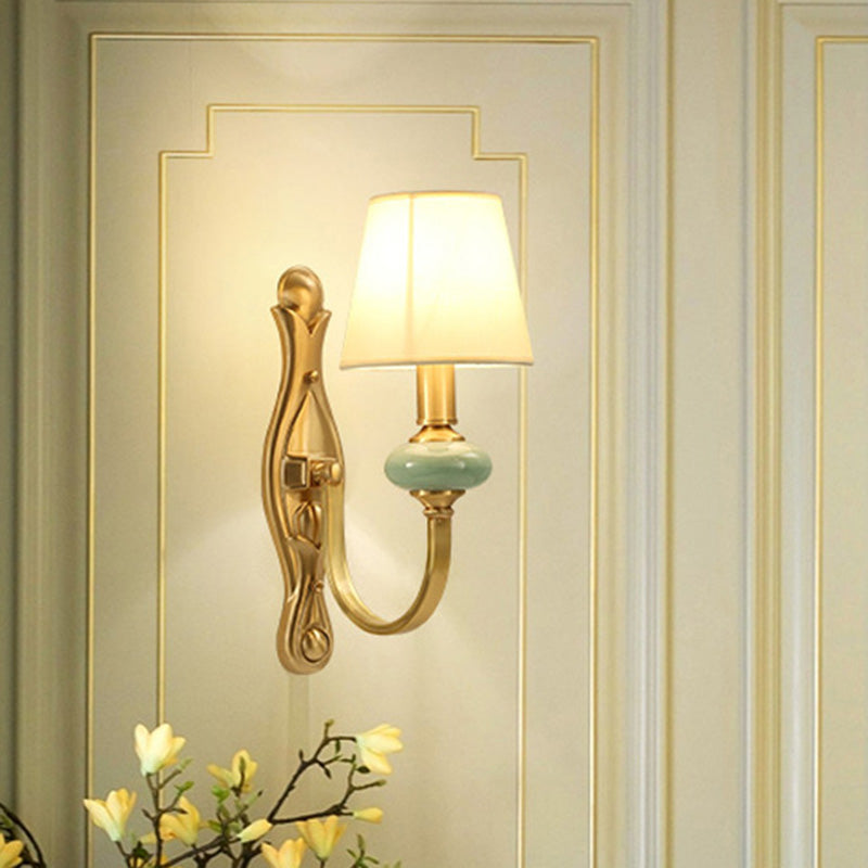 Lisslune | Contemporary conical shape wall lamp fabric single bulb living room wall lights with arc arm in gold
