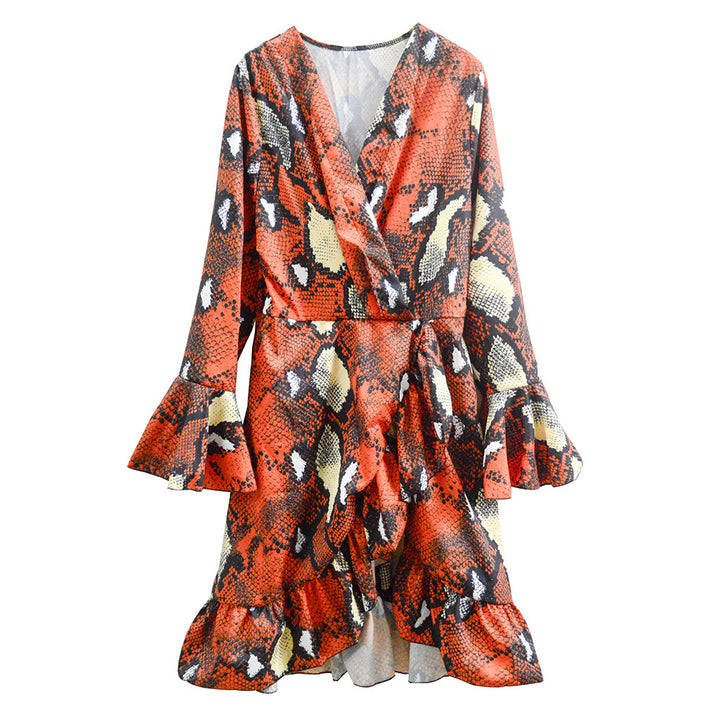 Women's wrap dress with trendy mud inlays and artistic ruffled sleeves