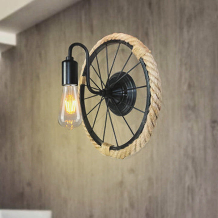 Lisslune | 1 Light Open Bulb Wall Lamp Industrial Black Rope Wall Mounted Lamp with Wheel Shape