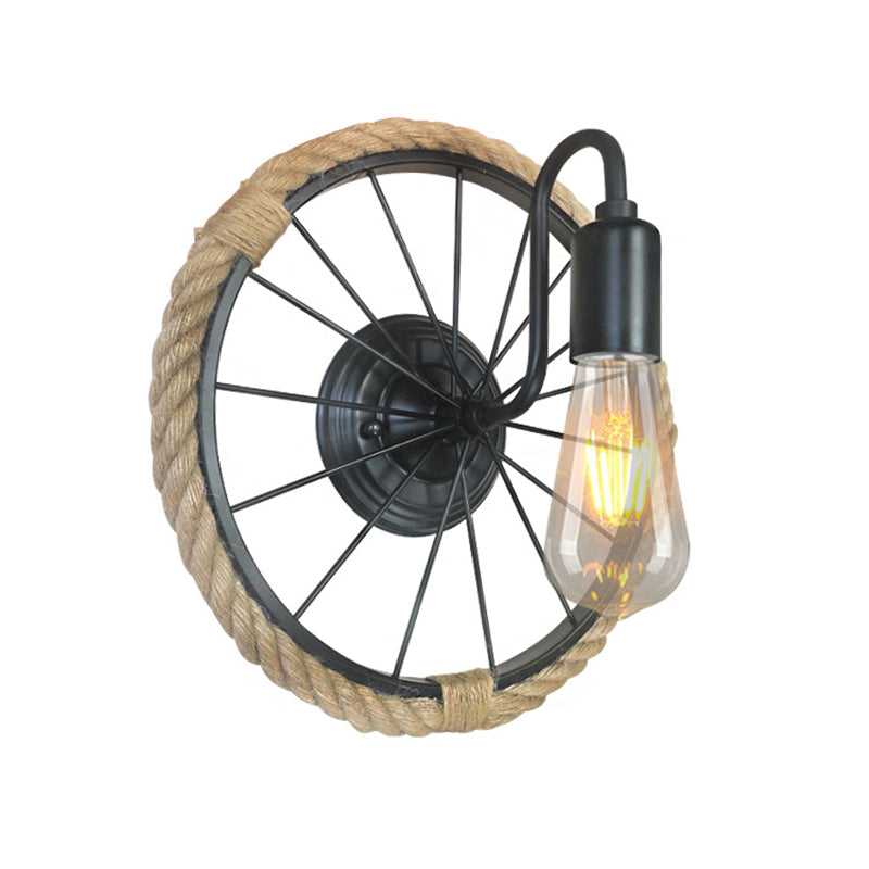 Lisslune | 1 Light Open Bulb Wall Lamp Industrial Black Rope Wall Mounted Lamp with Wheel Shape