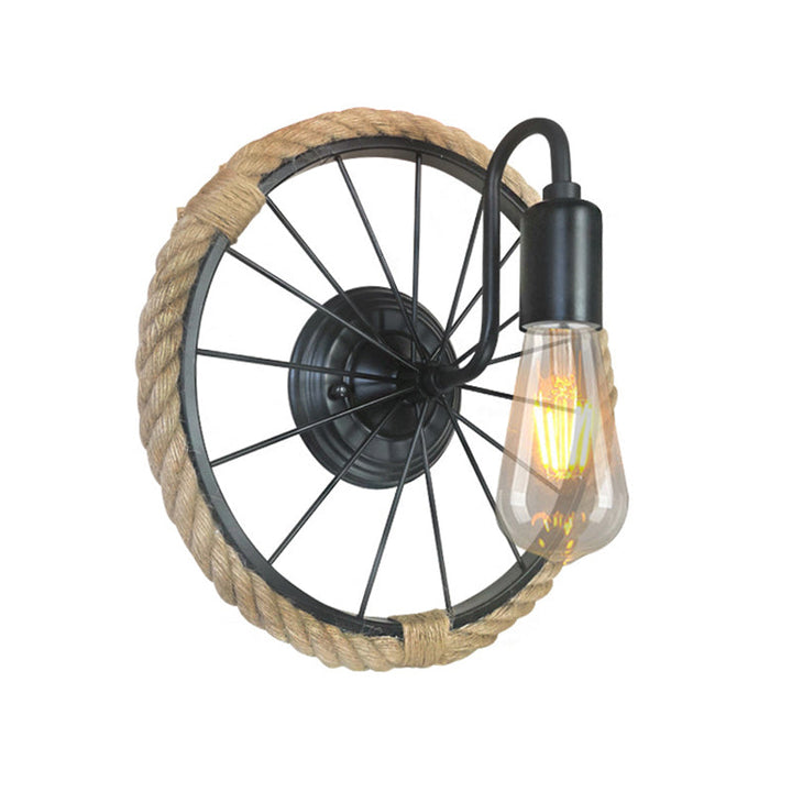 Lisslune | 1 Light Open Bulb Wall Lamp Industrial Black Rope Wall Mounted Lamp with Wheel Shape