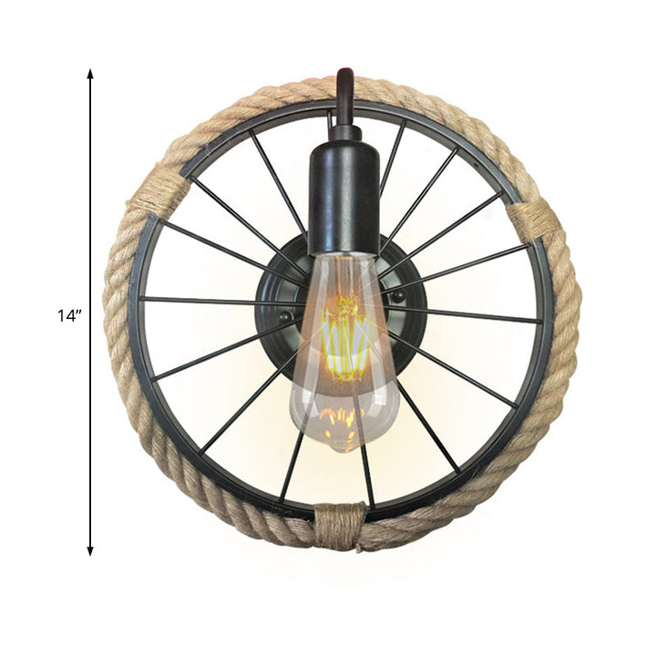 Lisslune | 1 Light Open Bulb Wall Lamp Industrial Black Rope Wall Mounted Lamp with Wheel Shape