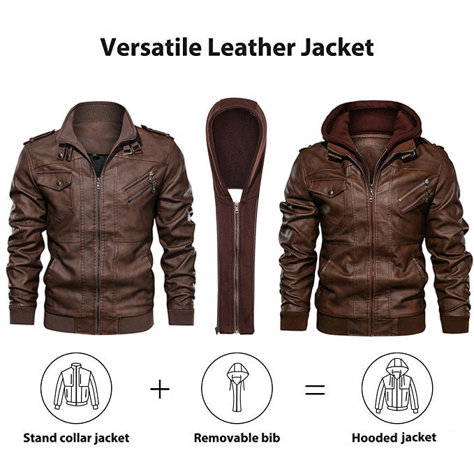 Men's Versatile Leather Jacket with Detachable Hood Lisslune