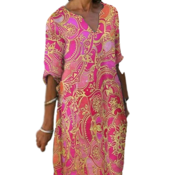 Women's casual light dress with elegant V-neck and colorful pattern