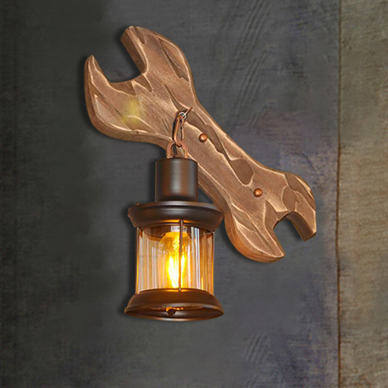 Lisslune | Lantern Indoor Wall Lighting Rustic Style Clear Glass 1 Light Black Wall Lamp with Wooden Backplate