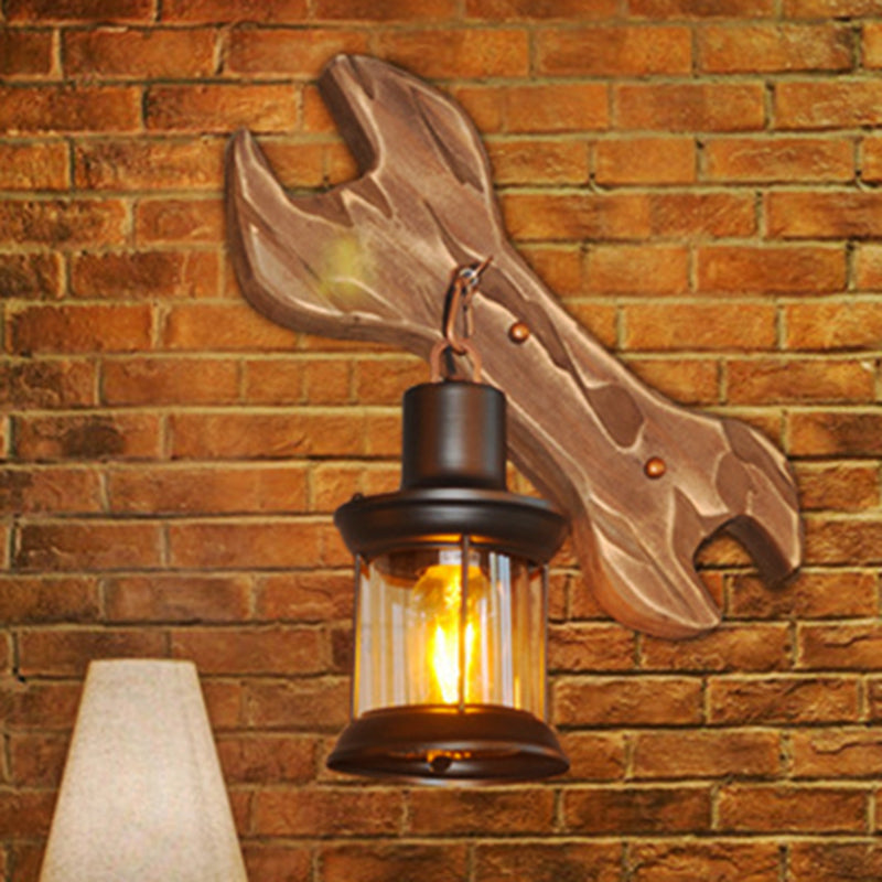Lisslune | Lantern Indoor Wall Lighting Rustic Style Clear Glass 1 Light Black Wall Lamp with Wooden Backplate