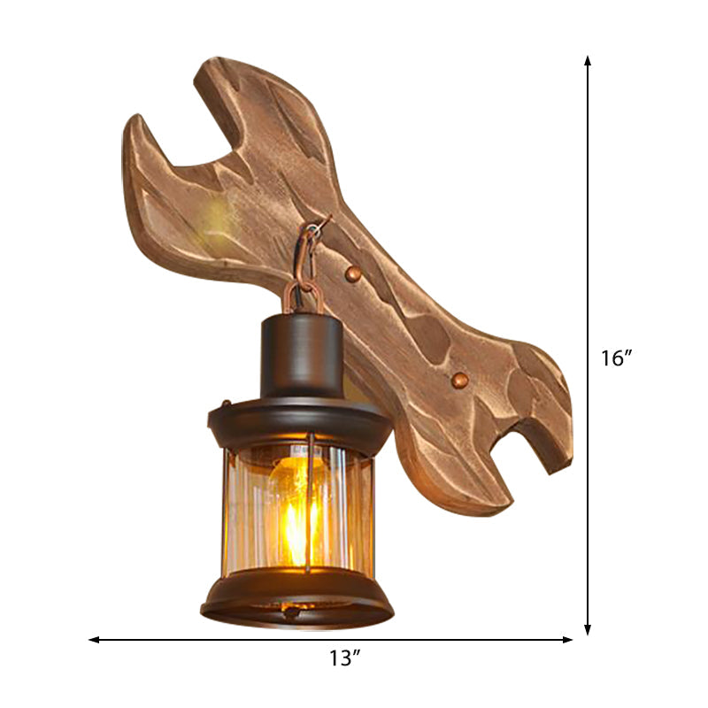 Lisslune | Lantern Indoor Wall Lighting Rustic Style Clear Glass 1 Light Black Wall Lamp with Wooden Backplate