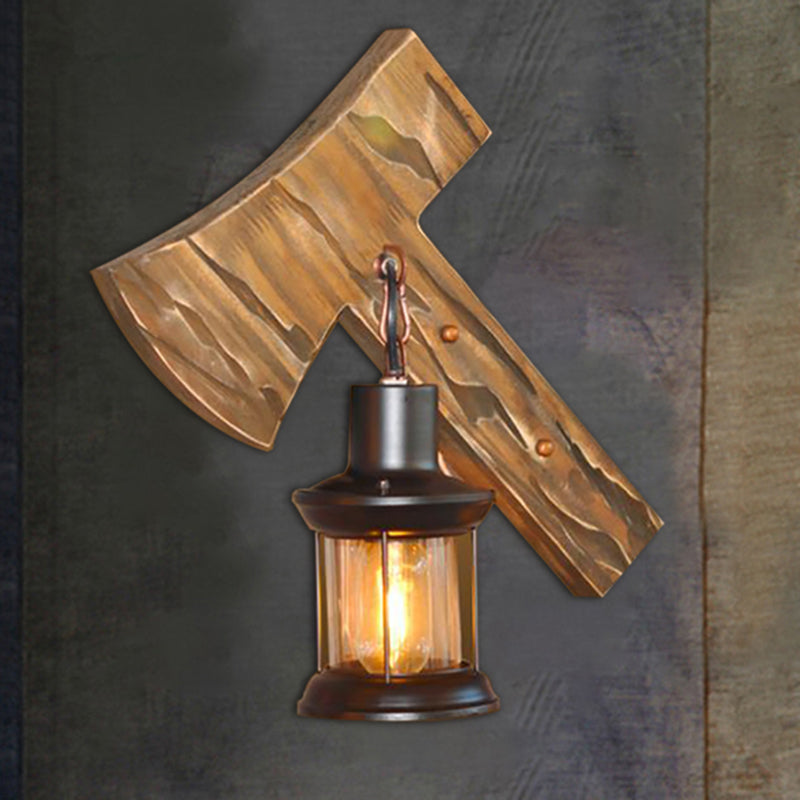 Lisslune | Lantern Indoor Wall Lighting Rustic Style Clear Glass 1 Light Black Wall Lamp with Wooden Backplate