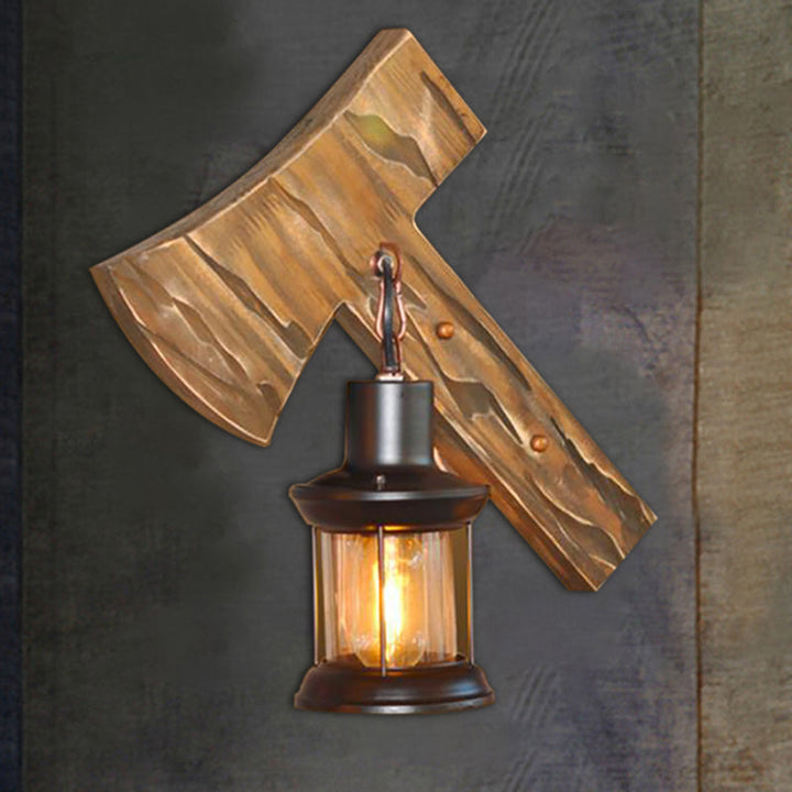 Lisslune | Lantern Indoor Wall Lighting Rustic Style Clear Glass 1 Light Black Wall Lamp with Wooden Backplate