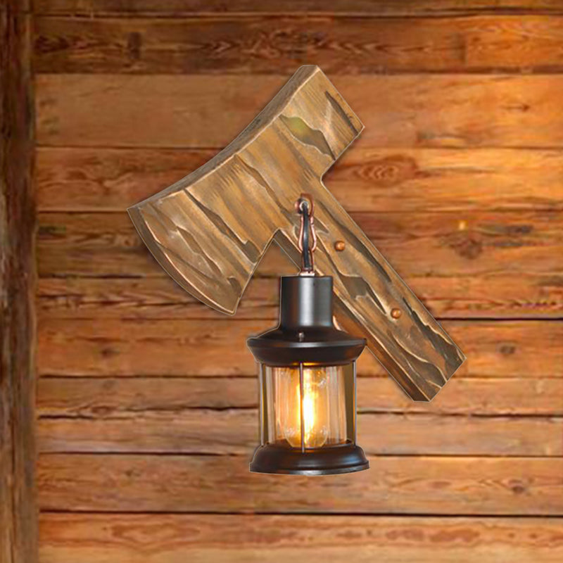 Lisslune | Lantern Indoor Wall Lighting Rustic Style Clear Glass 1 Light Black Wall Lamp with Wooden Backplate