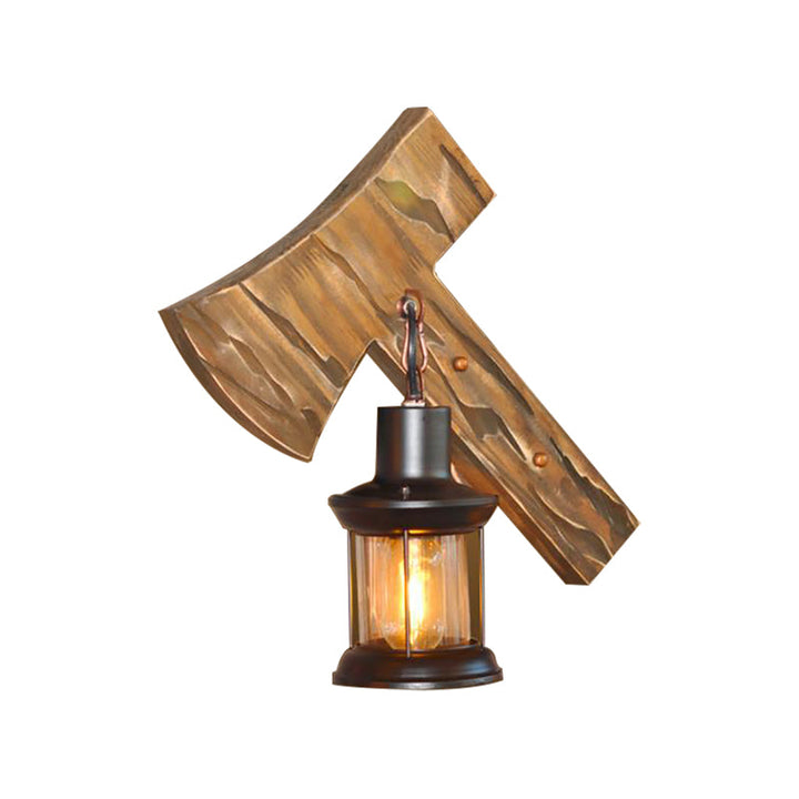 Lisslune | Lantern Indoor Wall Lighting Rustic Style Clear Glass 1 Light Black Wall Lamp with Wooden Backplate