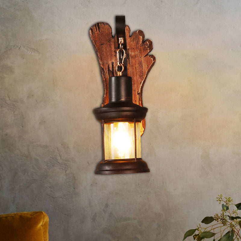 Lisslune | Kerosene Dining Room Wall Lamp Coastal Clear Glass 1 Light Black Wall Lamp Light Fixture with Wooden Base/Axe Backplate