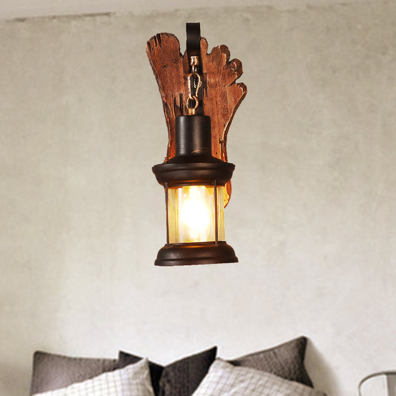 Lisslune | Kerosene Dining Room Wall Lamp Coastal Clear Glass 1 Light Black Wall Lamp Light Fixture with Wooden Base/Axe Backplate