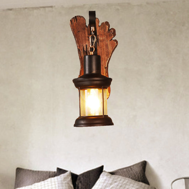 Lisslune | Kerosene Dining Room Wall Lamp Coastal Clear Glass 1 Light Black Wall Lamp Light Fixture with Wooden Base/Axe Backplate