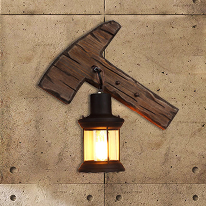 Lisslune | Kerosene Dining Room Wall Lamp Coastal Clear Glass 1 Light Black Wall Lamp Light Fixture with Wooden Base/Axe Backplate