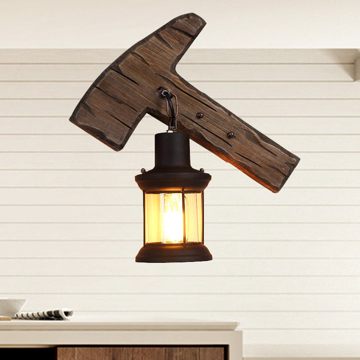 Lisslune | Kerosene Dining Room Wall Lamp Coastal Clear Glass 1 Light Black Wall Lamp Light Fixture with Wooden Base/Axe Backplate