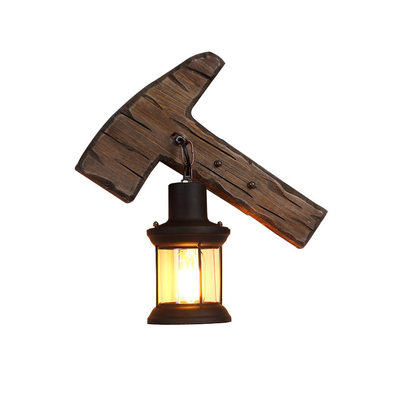 Lisslune | Kerosene Dining Room Wall Lamp Coastal Clear Glass 1 Light Black Wall Lamp Light Fixture with Wooden Base/Axe Backplate