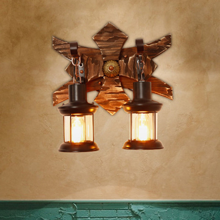 Lisslune | Black Candle/Lantern Wall Lighting Vintage Style Clear Glass/Marble 2-Light Indoor Wall Sconce with Wooden Back Plate