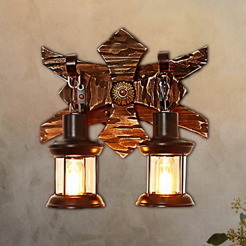 Lisslune | Black Candle/Lantern Wall Lighting Vintage Style Clear Glass/Marble 2-Light Indoor Wall Sconce with Wooden Back Plate