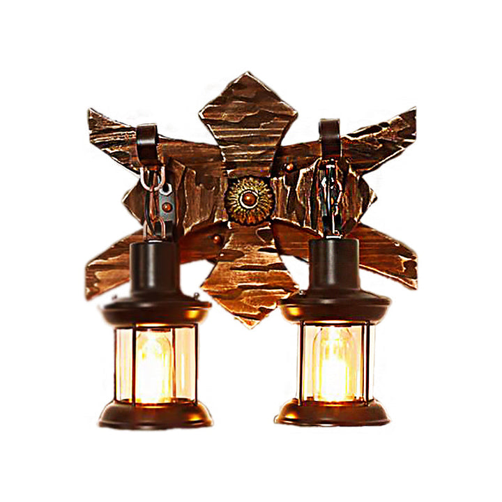Lisslune | Black Candle/Lantern Wall Lighting Vintage Style Clear Glass/Marble 2-Light Indoor Wall Sconce with Wooden Back Plate